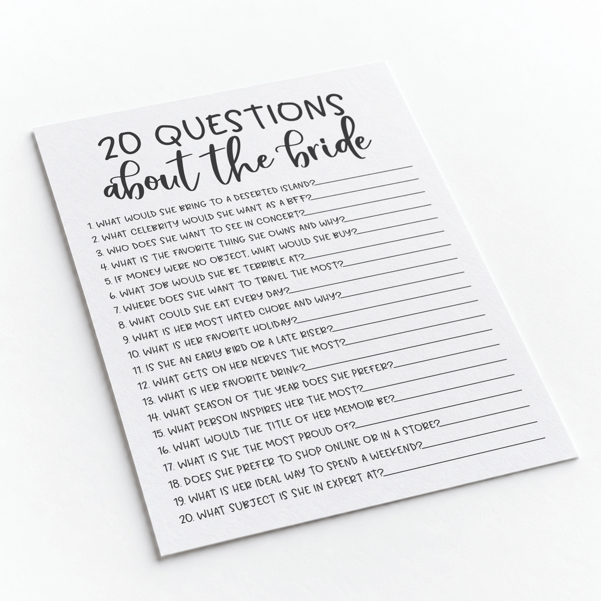 20 Questions about the Bride Bridal Shower Game
