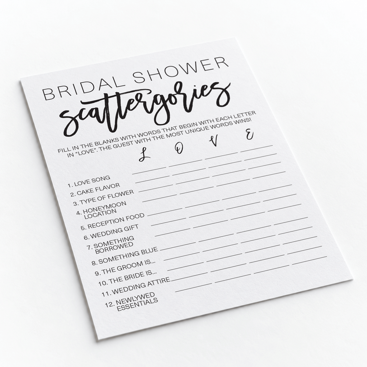Bridal Shower Scattergories - Bridal Shower Game