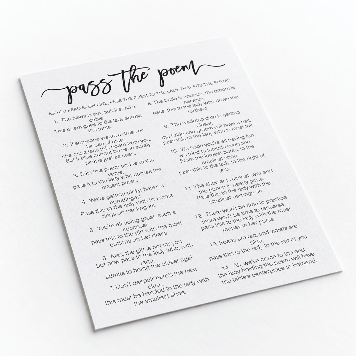 Pass The Poem Bridal Shower Game