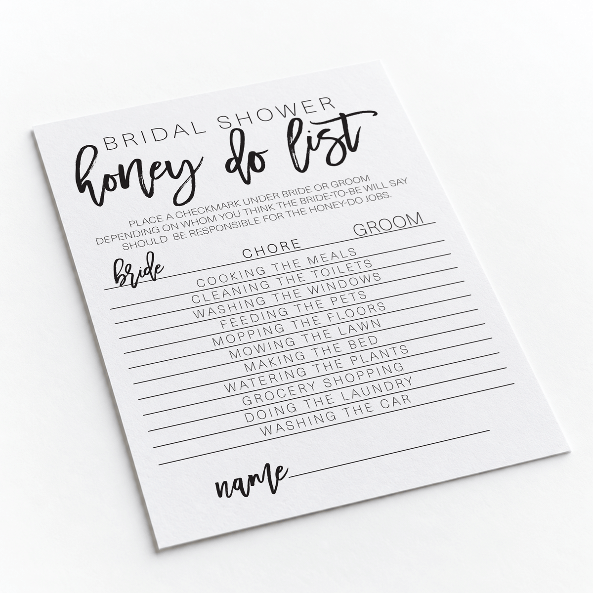 Bridal Shower Honey Do List Game