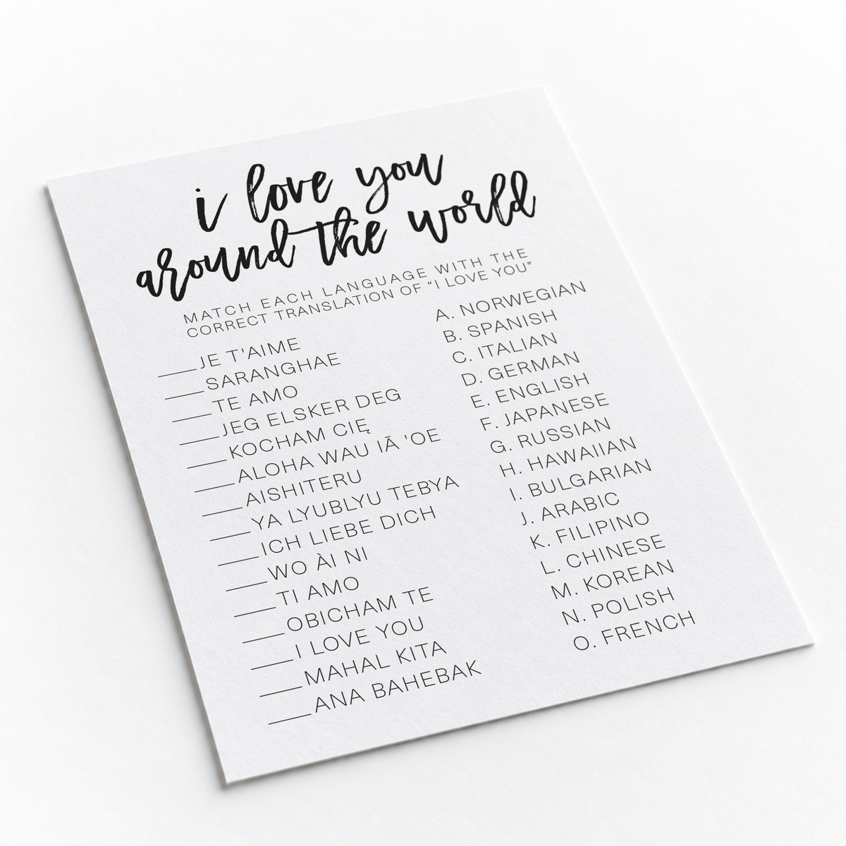 I Love You Around The World Bridal Shower Game