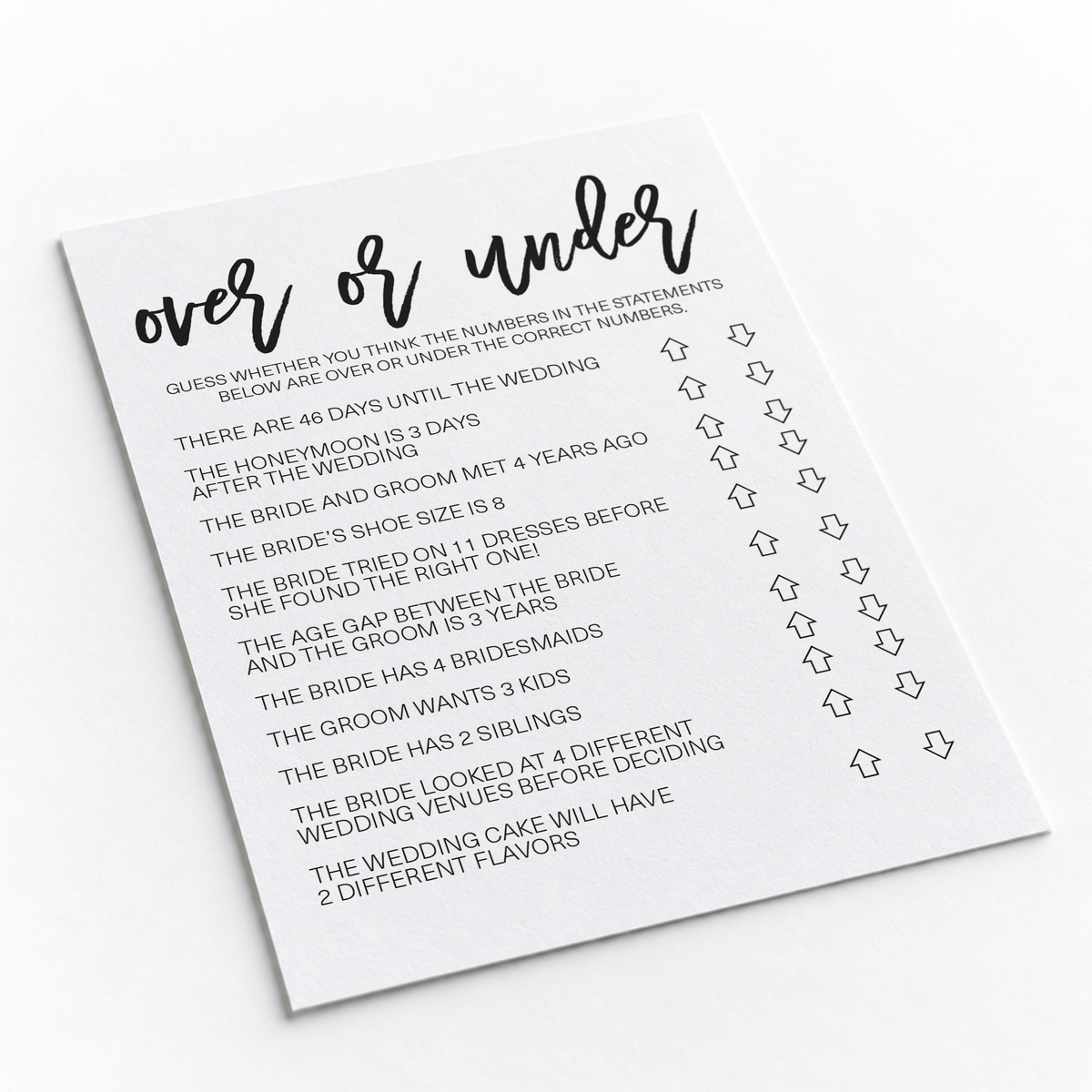 Over or Under Bridal Shower Game