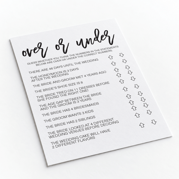 Over or Under Bridal Shower Game