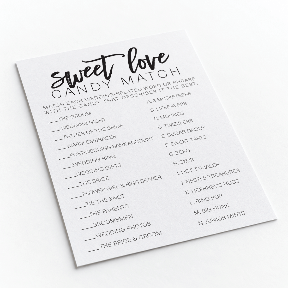 Sweet Love Candy Match Bridal Shower Game