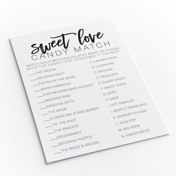 Sweet Love Candy Match Bridal Shower Game