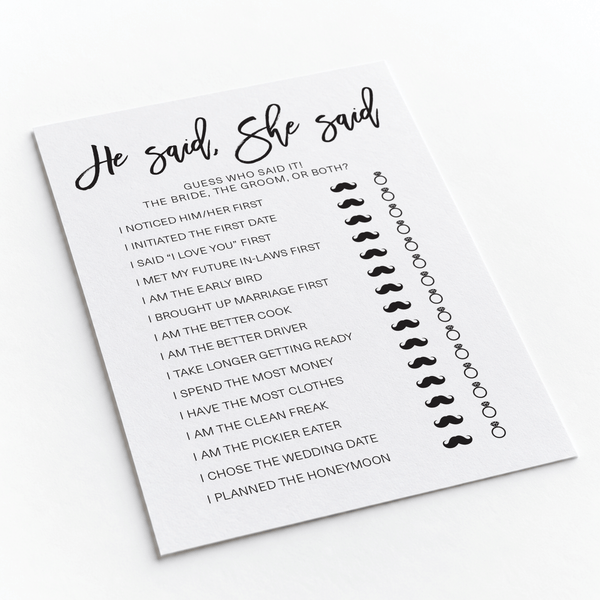 He Said She Said Bridal Shower Game