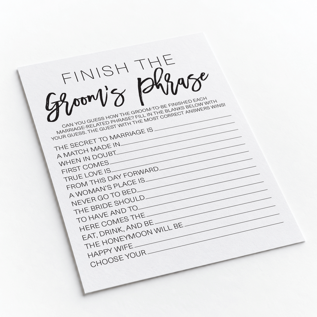 Finish the Groom's Phrase Bridal Shower Game