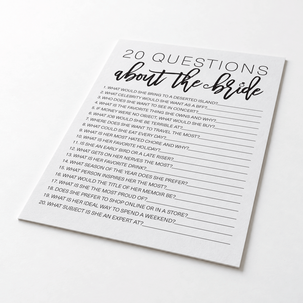 20 Questions about the Bride Bridal Shower Game