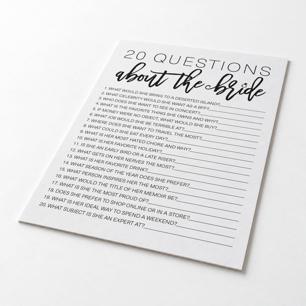 20 Questions about the Bride Bridal Shower Game