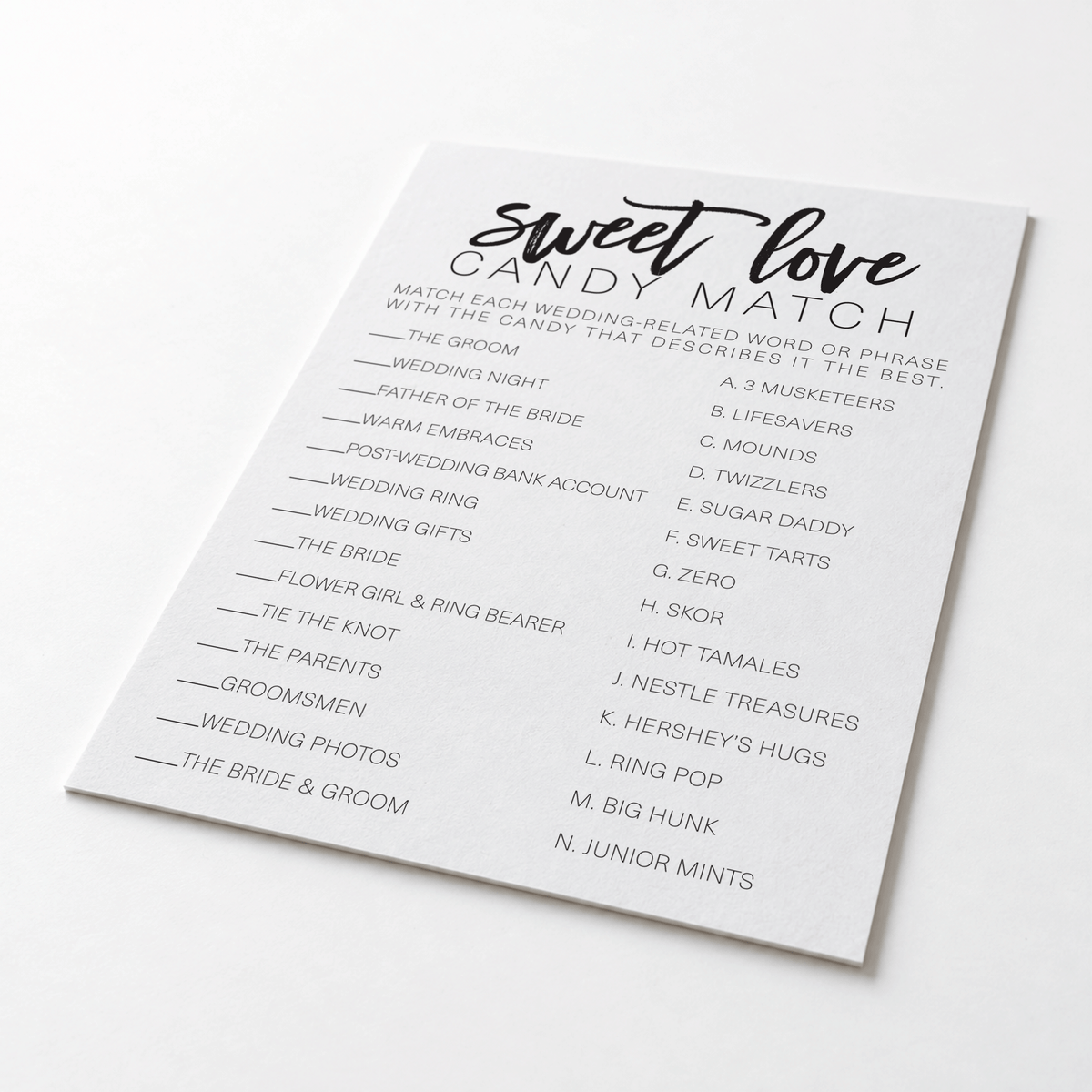 Sweet Love Candy Match Bridal Shower Game