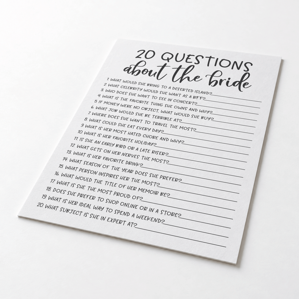 20 Questions about the Bride Bridal Shower Game