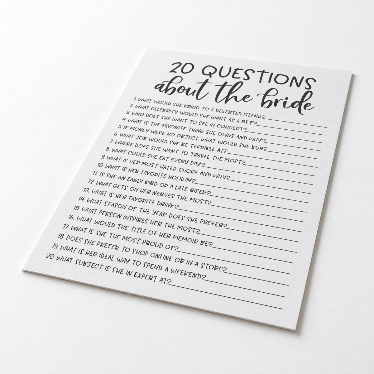 20 Questions about the Bride Bridal Shower Game