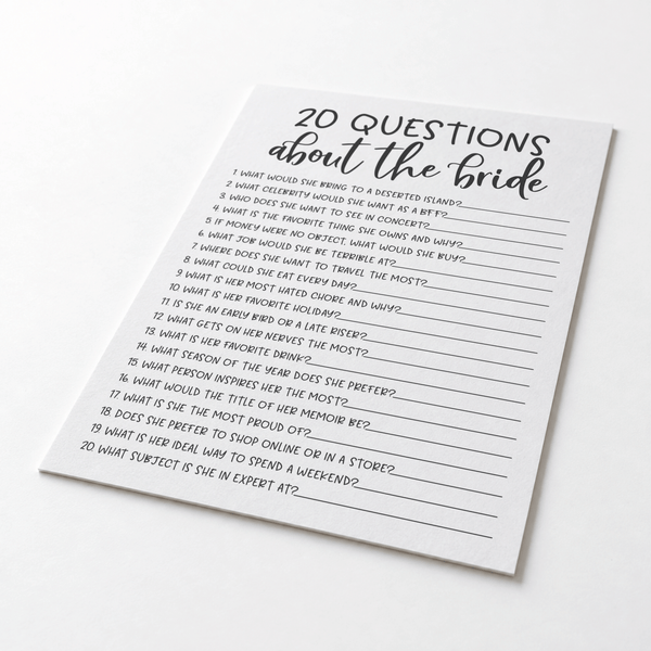 20 Questions about the Bride Bridal Shower Game