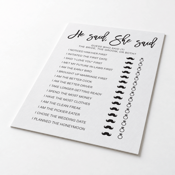 He Said She Said Bridal Shower Game