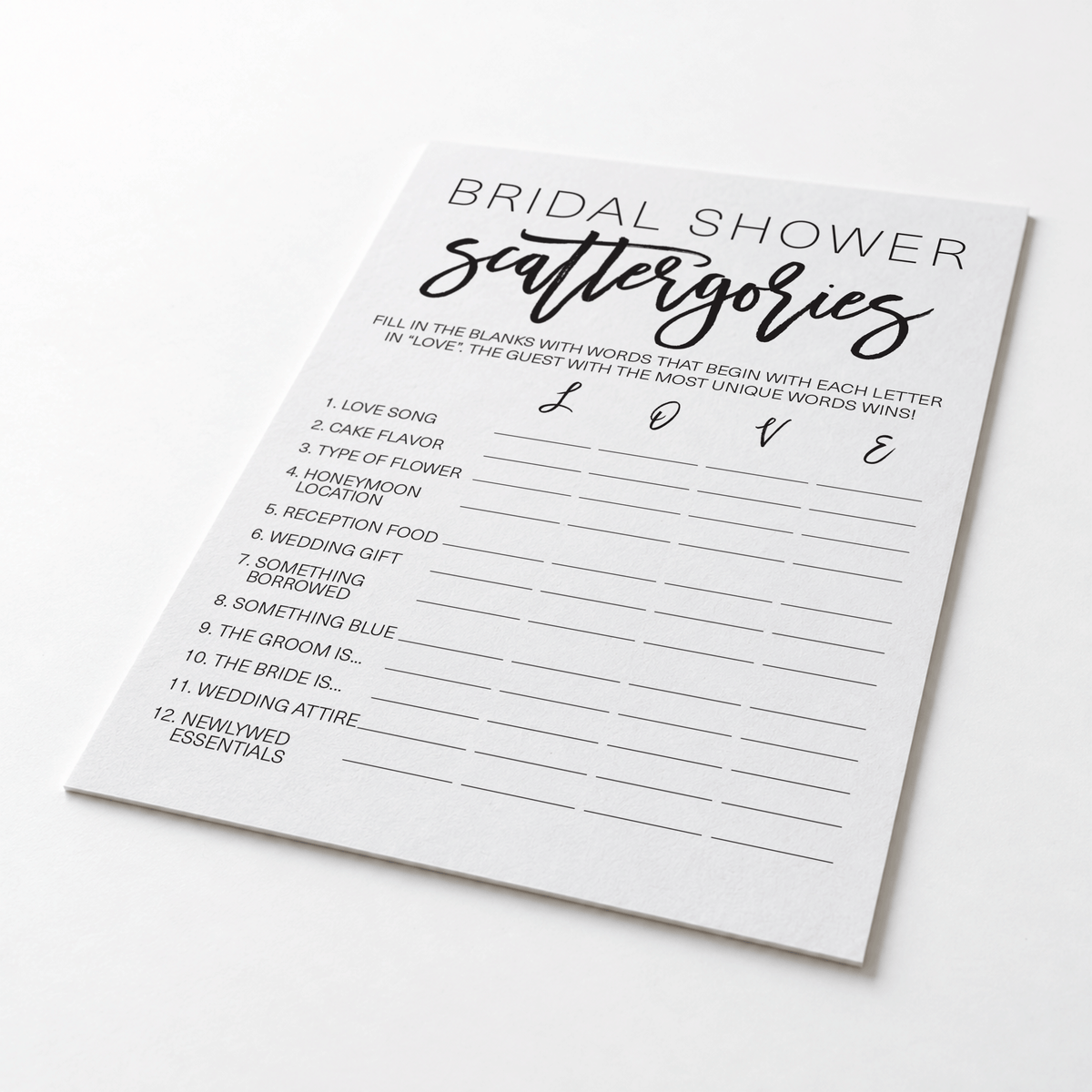 Bridal Shower Scattergories - Bridal Shower Game