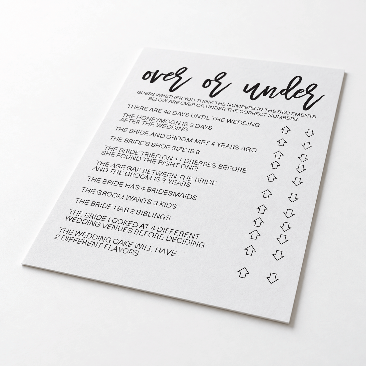 Over or Under Bridal Shower Game