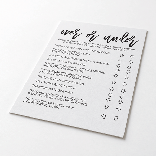Over or Under Bridal Shower Game