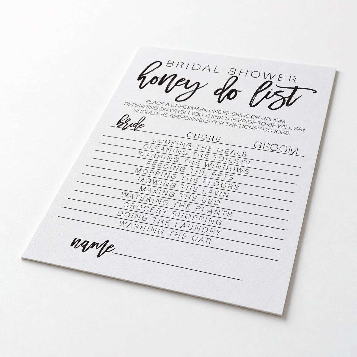 Bridal Shower Honey Do List Game