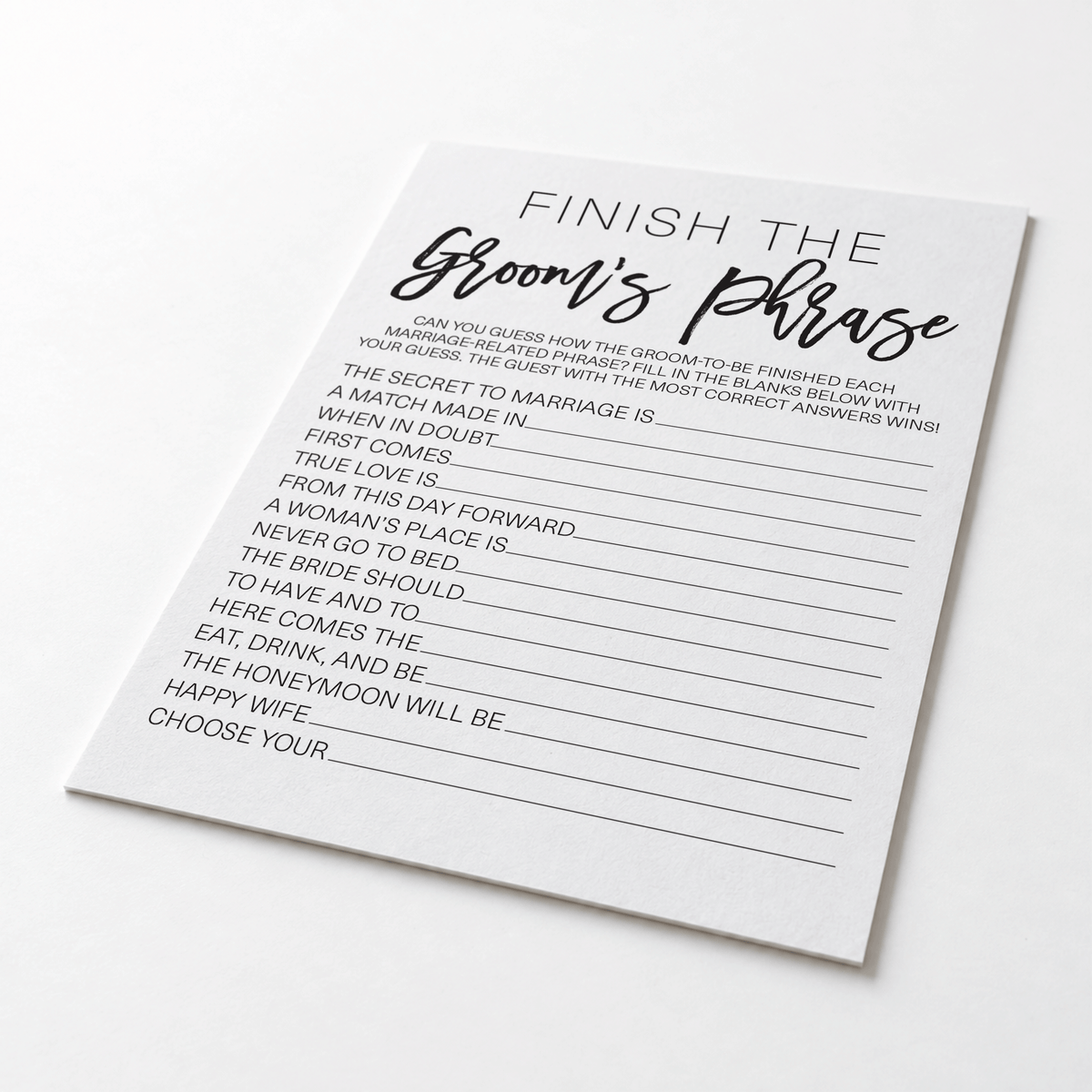 Finish the Groom's Phrase Bridal Shower Game