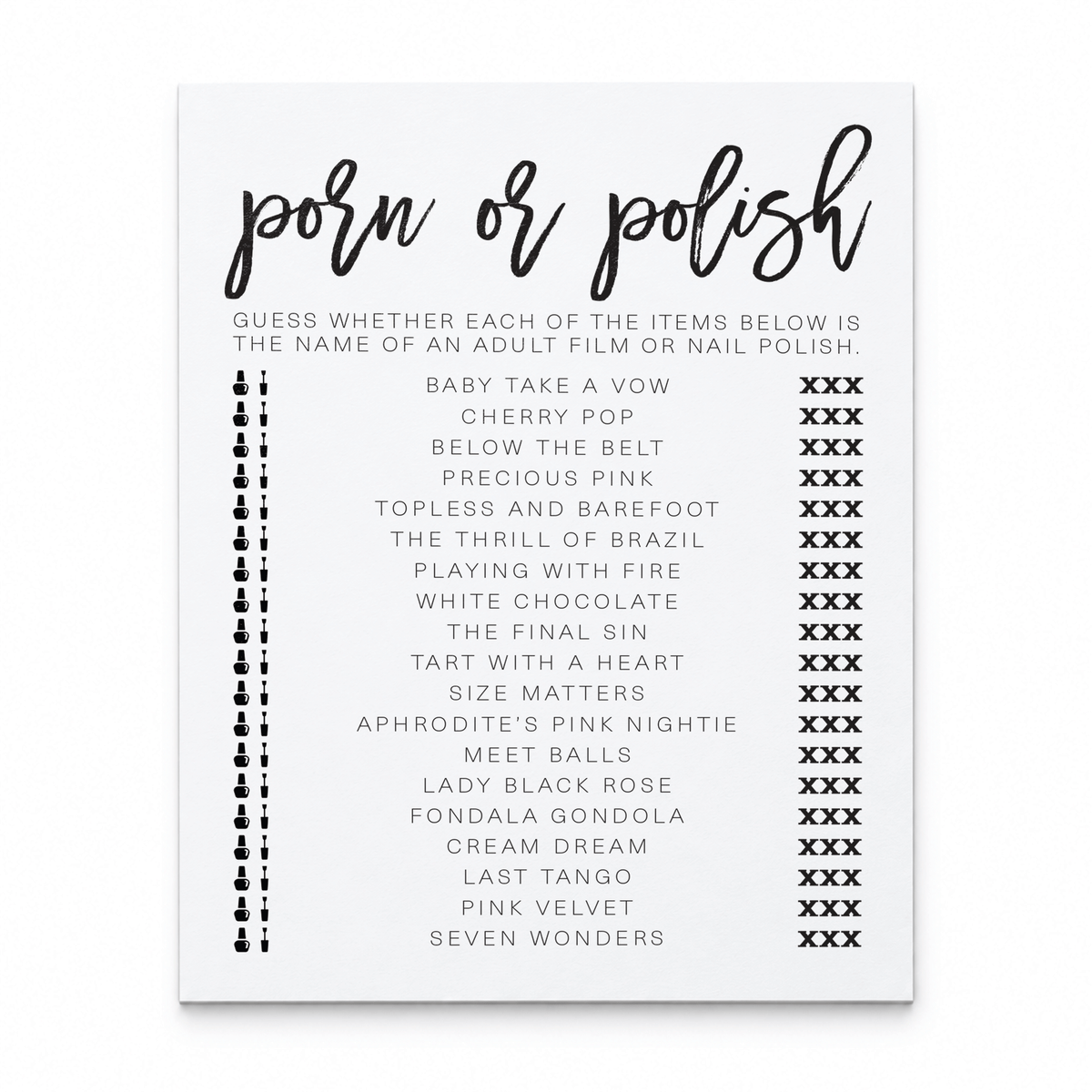Porn Or Polish Bridal Shower Game