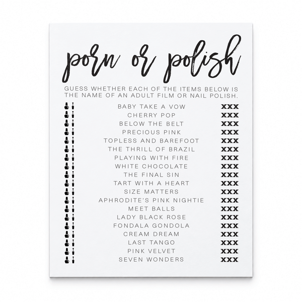 Porn Or Polish Bridal Shower Game
