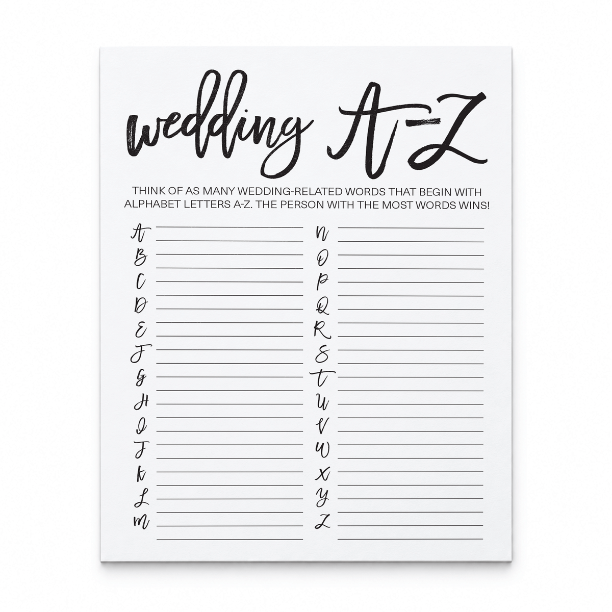 Wedding A-Z Bridal Shower Game