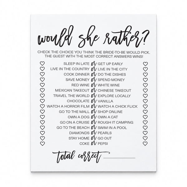 Would She Rather Bridal Shower Game