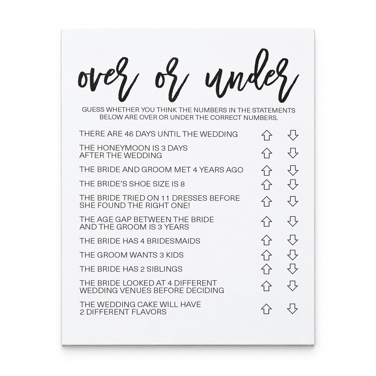 Over or Under Bridal Shower Game