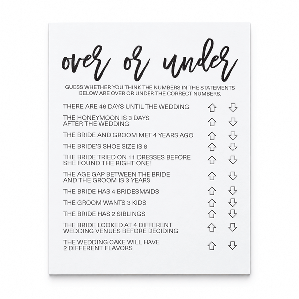 Over or Under Bridal Shower Game