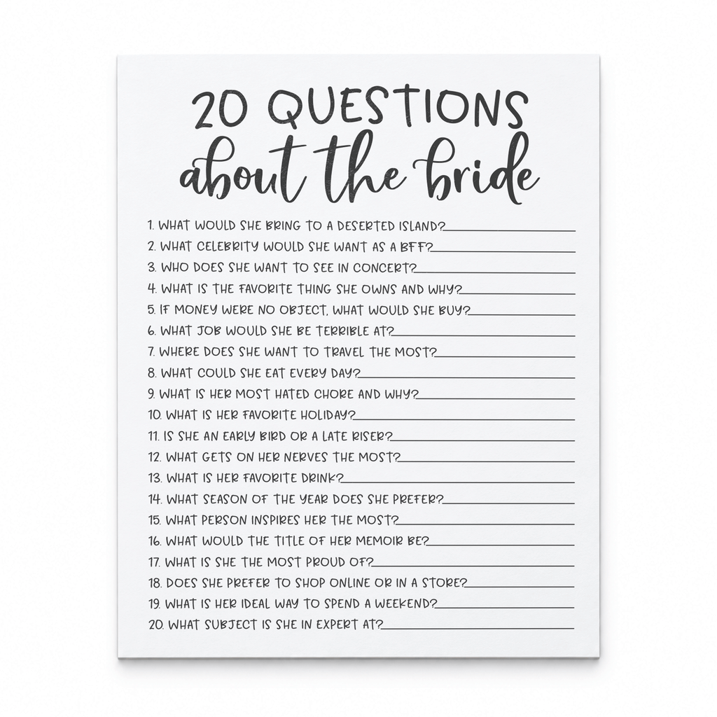 20 Questions about the Bride Bridal Shower Game