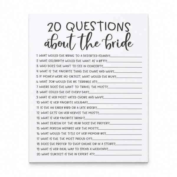 20 Questions about the Bride Bridal Shower Game