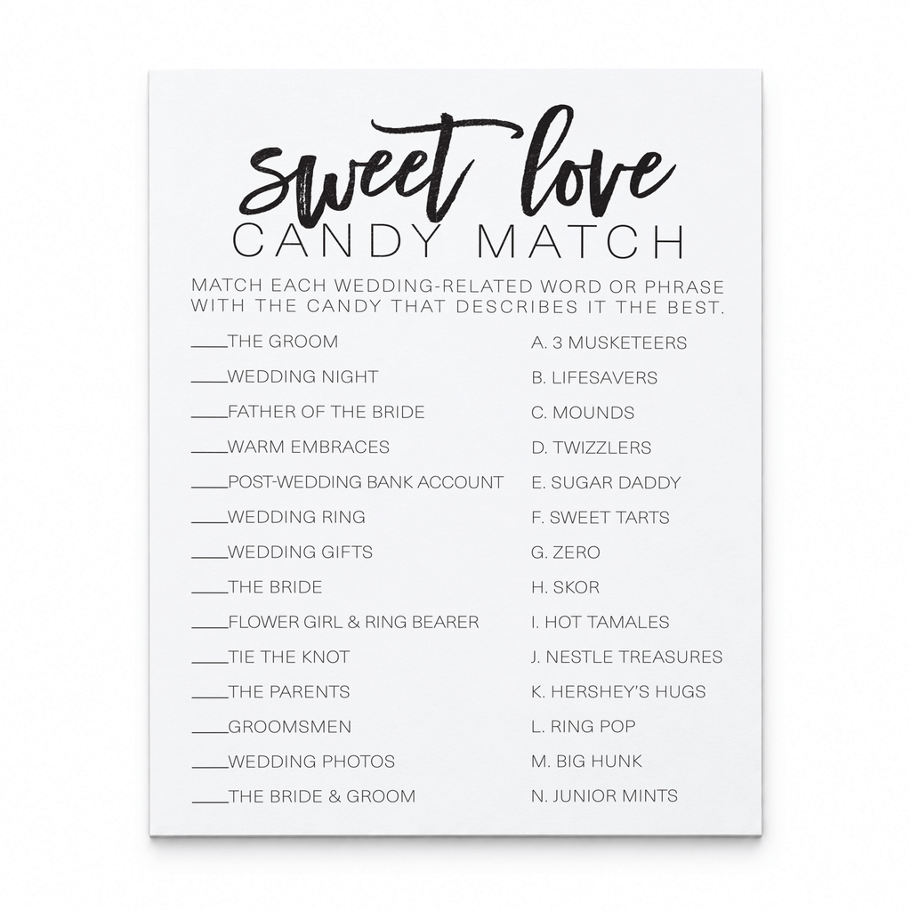 Sweet Love Candy Match Bridal Shower Game