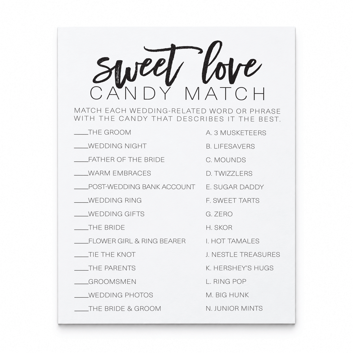 Sweet Love Candy Match Bridal Shower Game