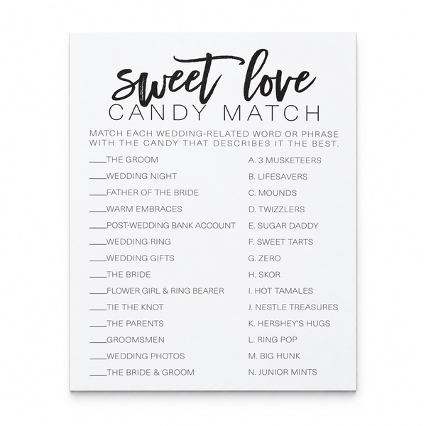 Sweet Love Candy Match Bridal Shower Game