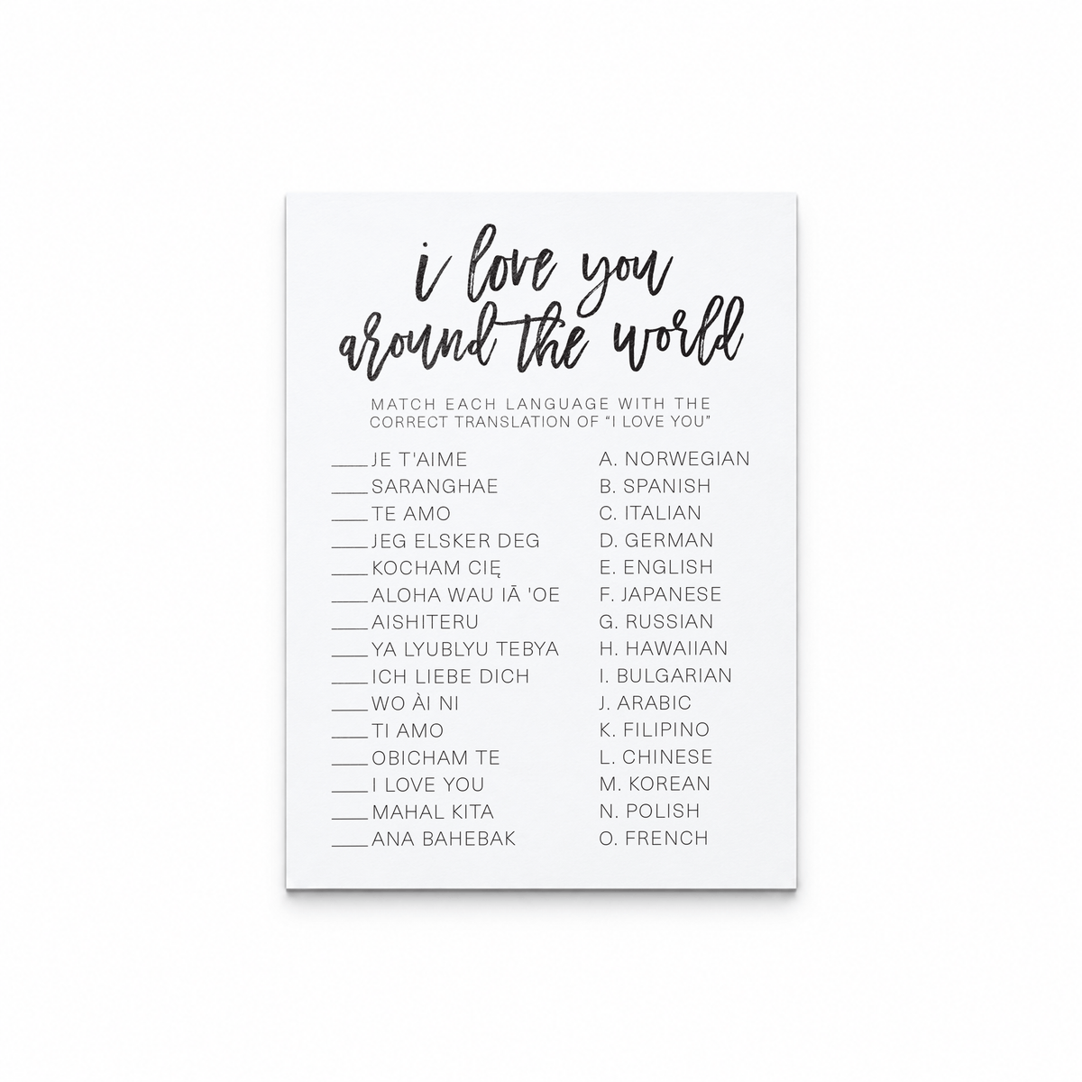 I Love You Around The World Bridal Shower Game
