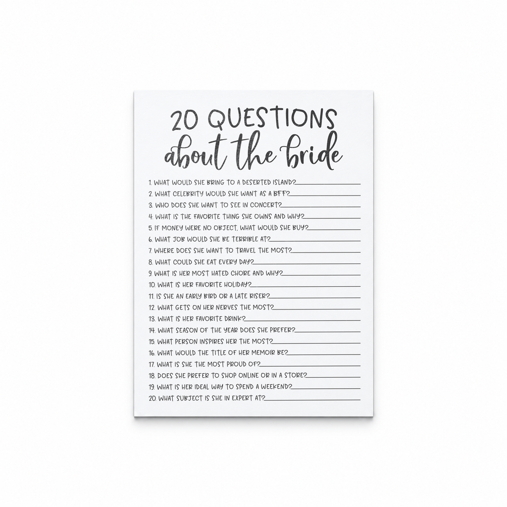 20 Questions about the Bride Bridal Shower Game