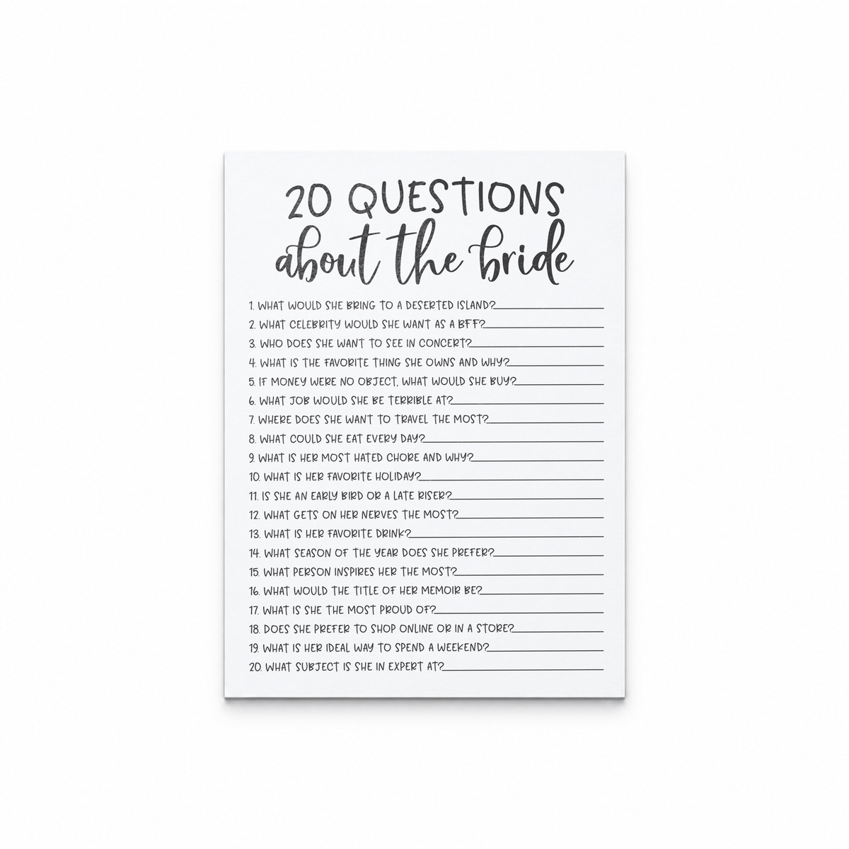 20 Questions about the Bride Bridal Shower Game