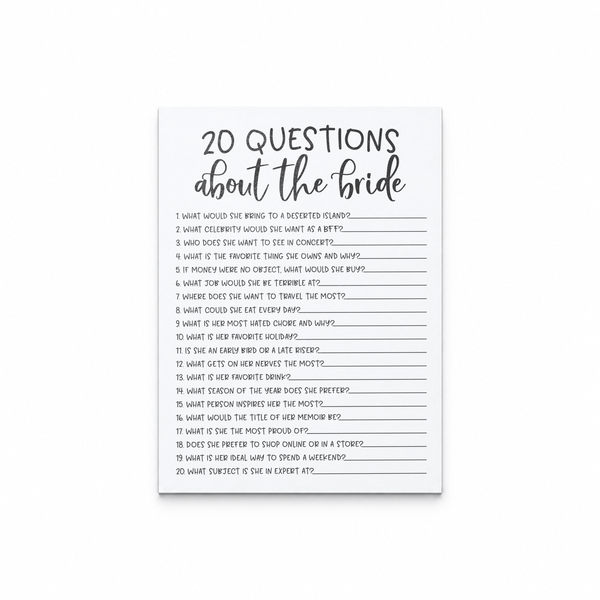20 Questions about the Bride Bridal Shower Game