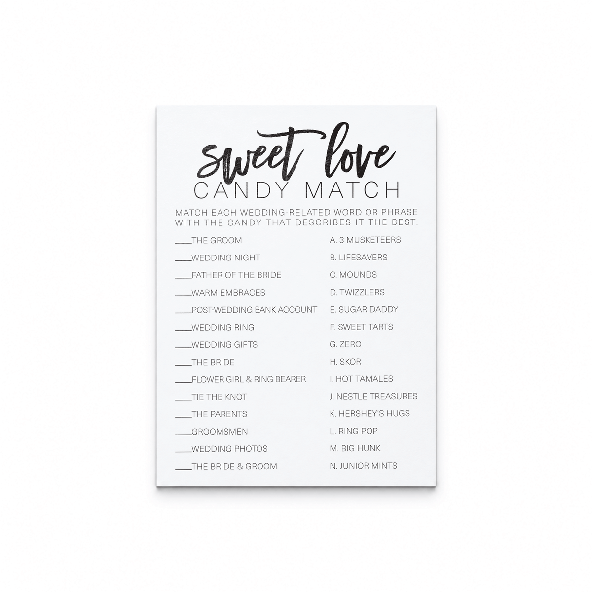 Sweet Love Candy Match Bridal Shower Game
