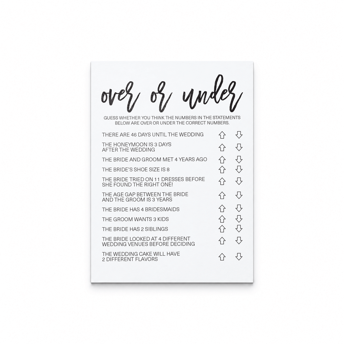 Over or Under Bridal Shower Game