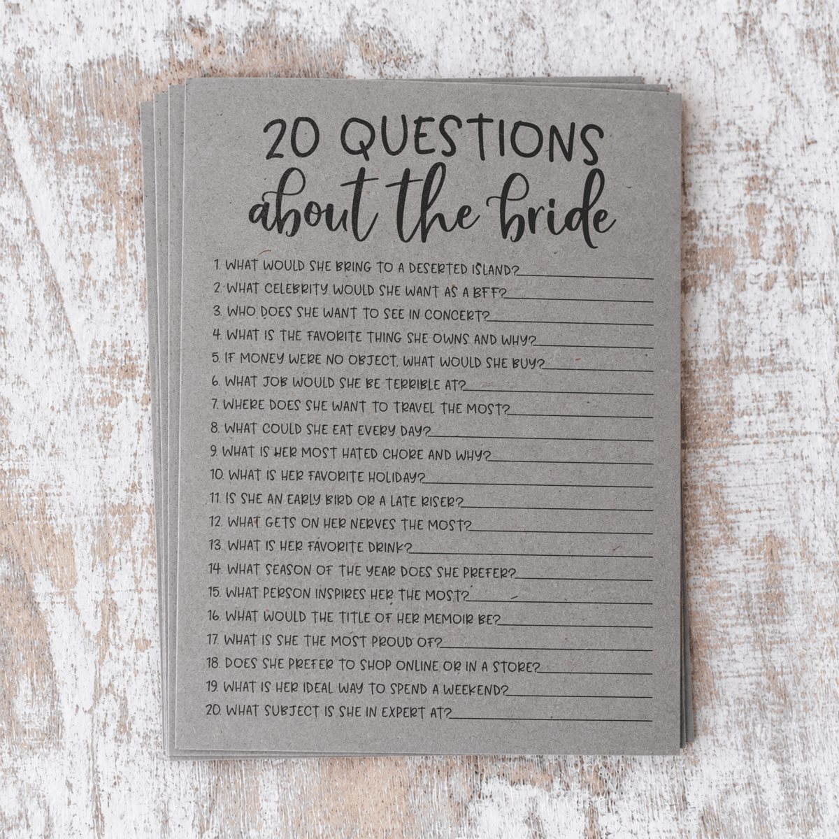20 Questions about the Bride Bridal Shower Game