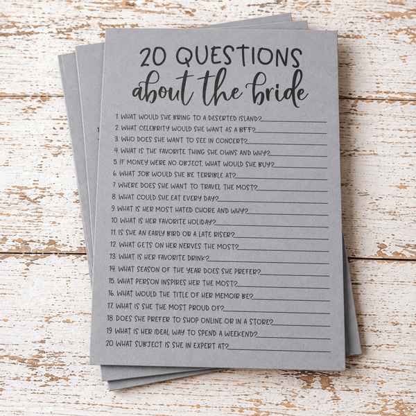 20 Questions about the Bride Bridal Shower Game