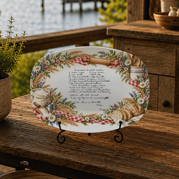 Handwritten Recipe Platter with Bread and Wildflower Border