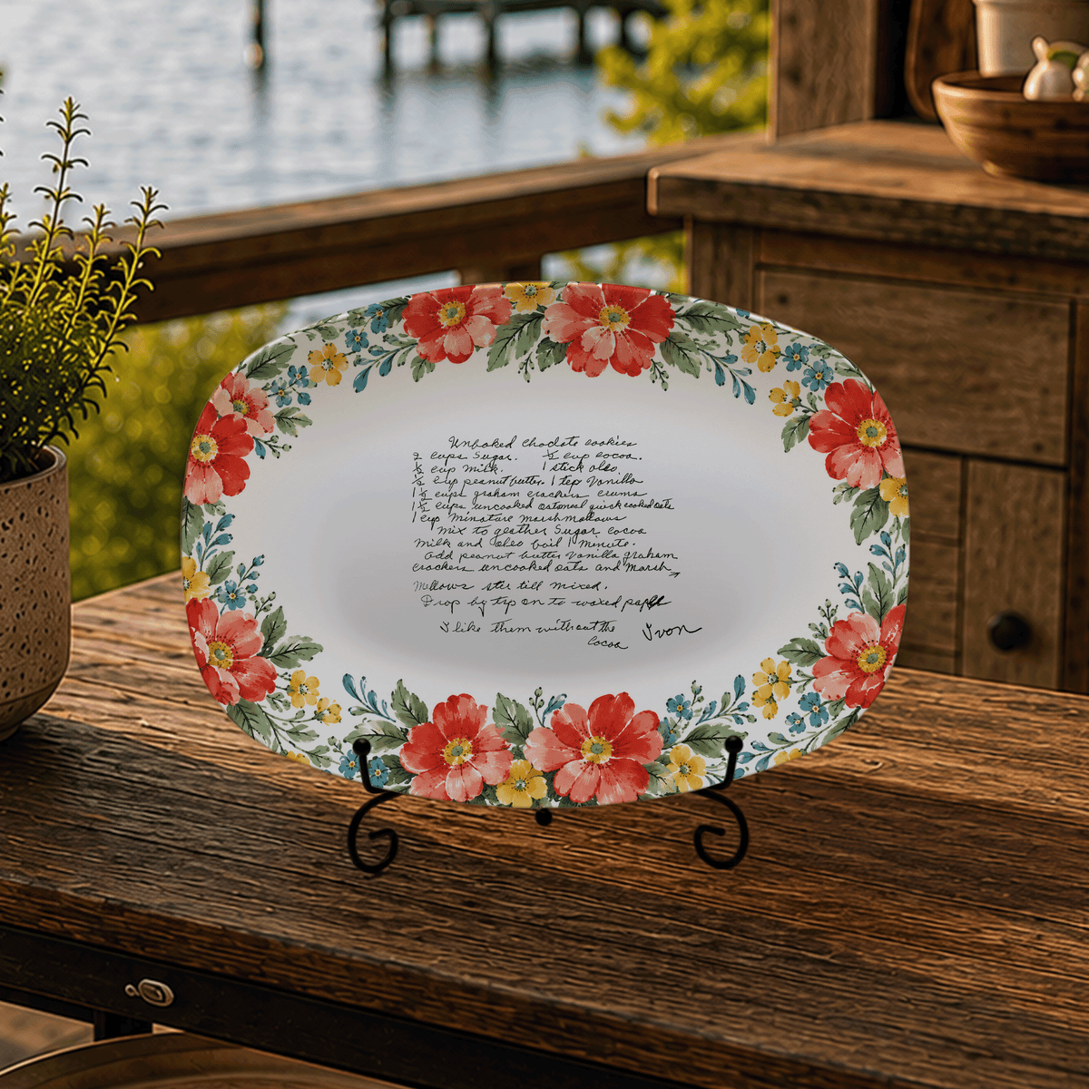 Handwritten Recipe Platter with Red and Teal Watercolor Flower Border