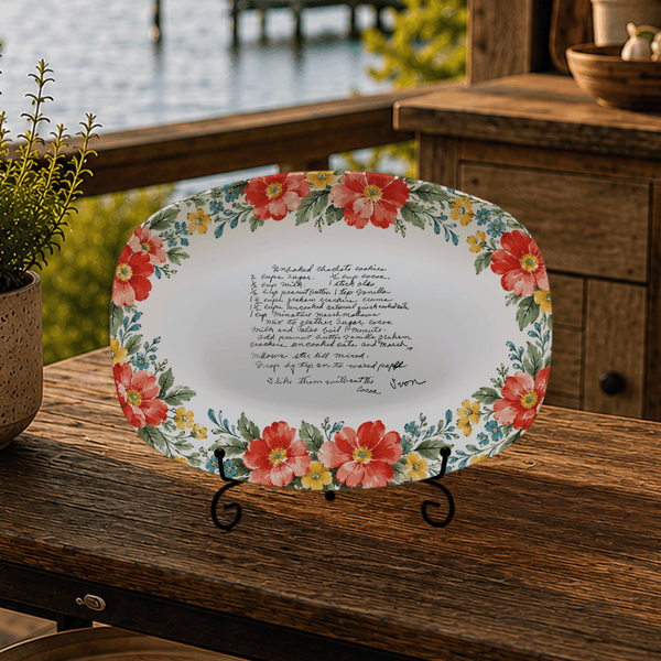 Handwritten Recipe Platter with Red and Teal Watercolor Flower Border