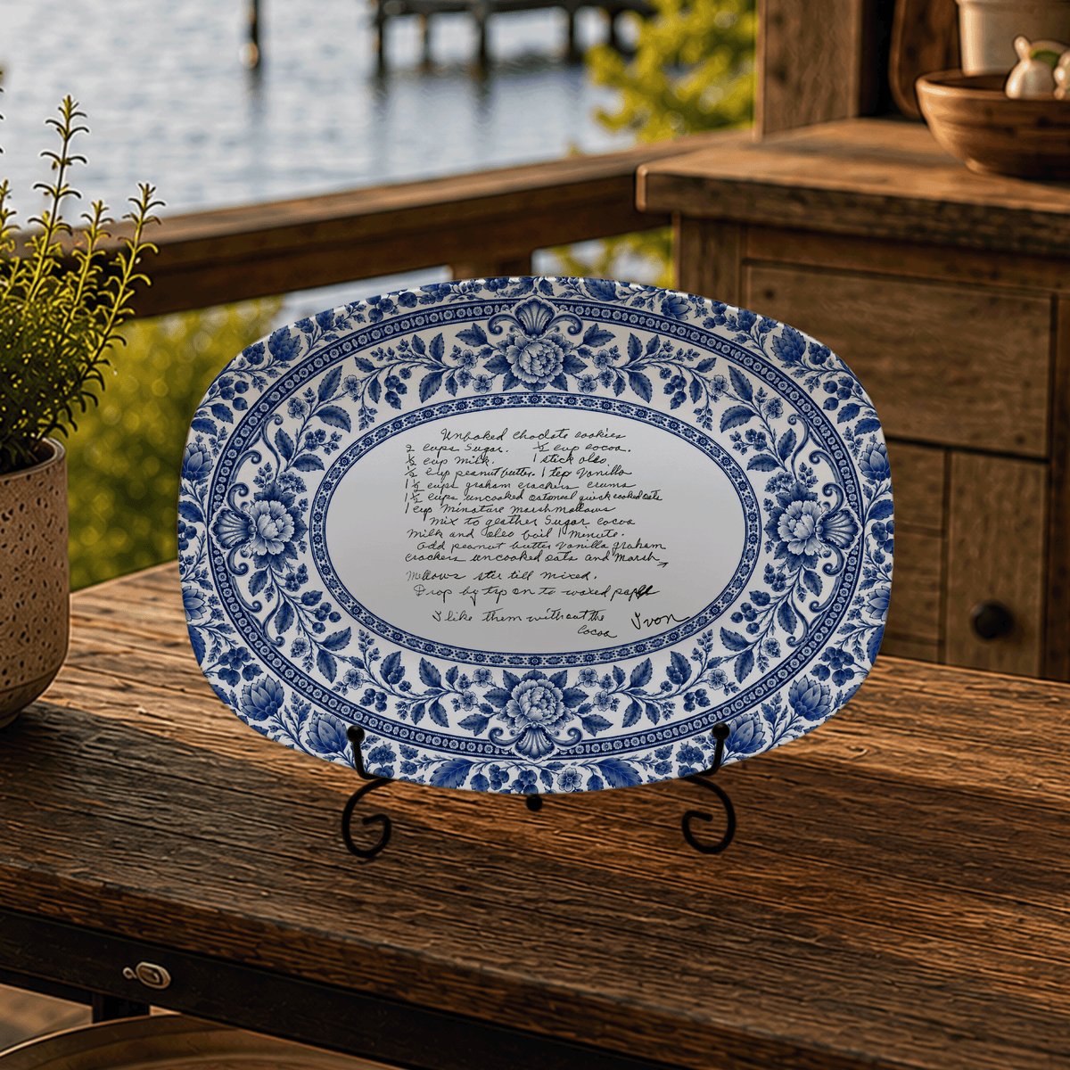 Handwritten Recipe Platter with Blue Antique Botanical Border