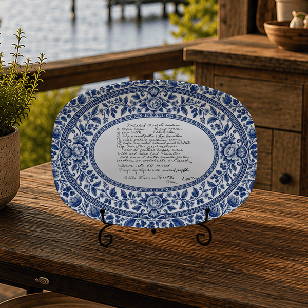 Handwritten Recipe Platter with Blue Antique Botanical Border