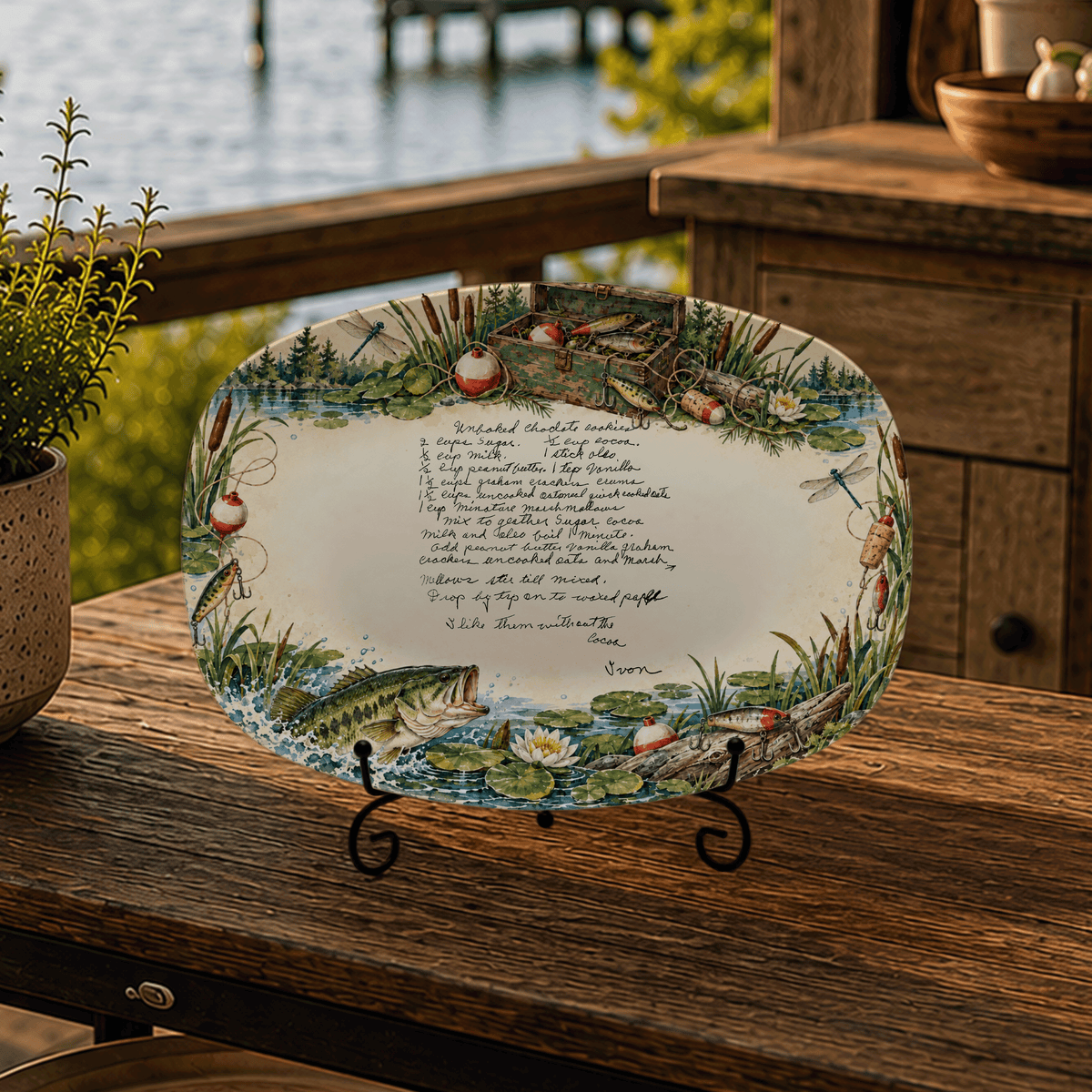 Handwritten Recipe Platter with Fishing Border
