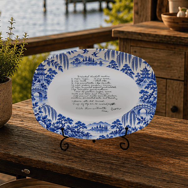 Handwritten Recipe Platter with Antique Blue Willow Border