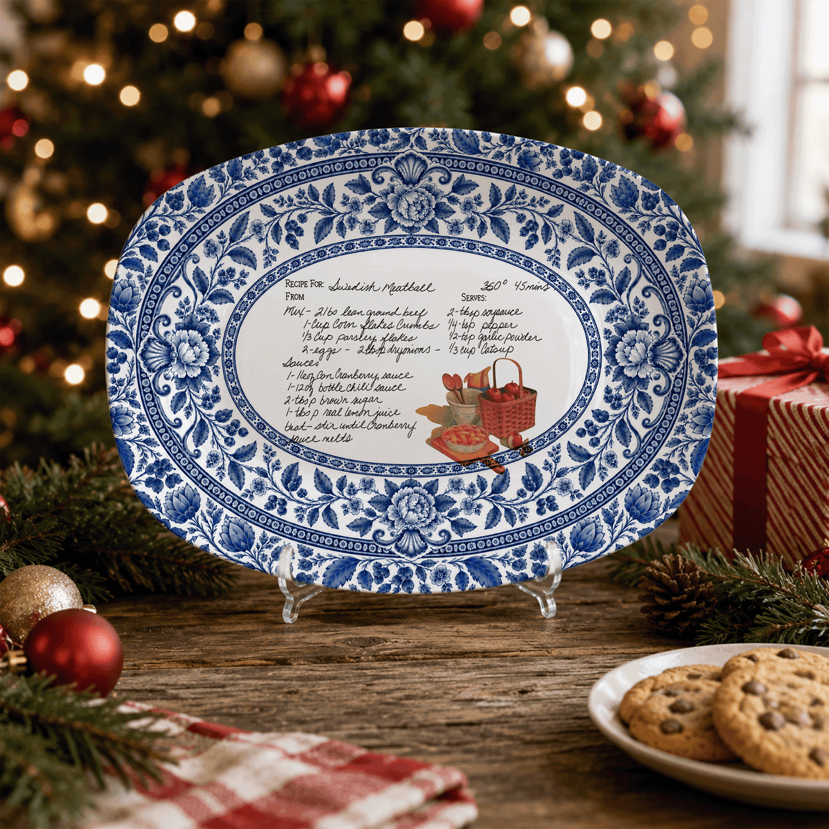 Handwritten Recipe Platter with Blue Antique Botanical Border